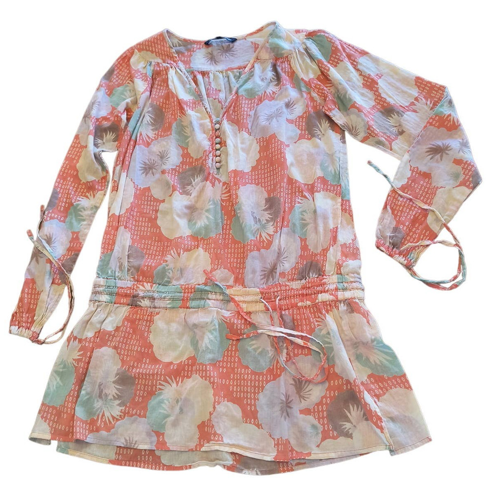 French Connection Tunic Top Women's Size M Orange Floral Long Sleeve Cotton Boho